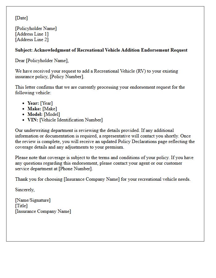 Recreational Vehicle Addition Endorsement Request Acknowledgment Letter