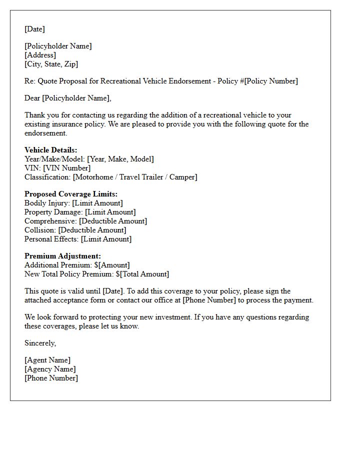 Recreational Vehicle Addition Endorsement Quote Proposal Letter