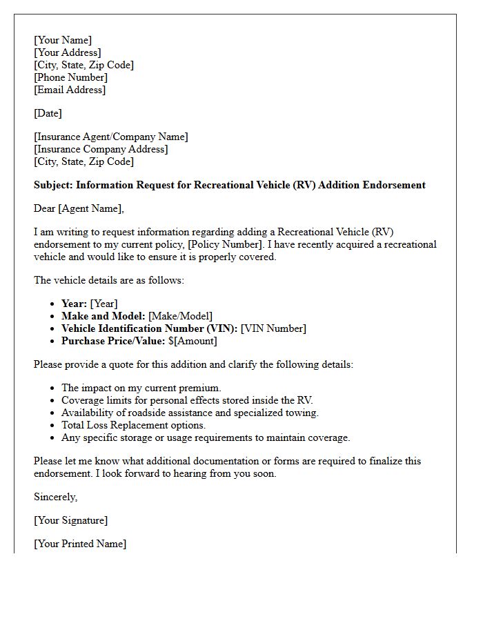 Recreational Vehicle Addition Endorsement Information Request Letter