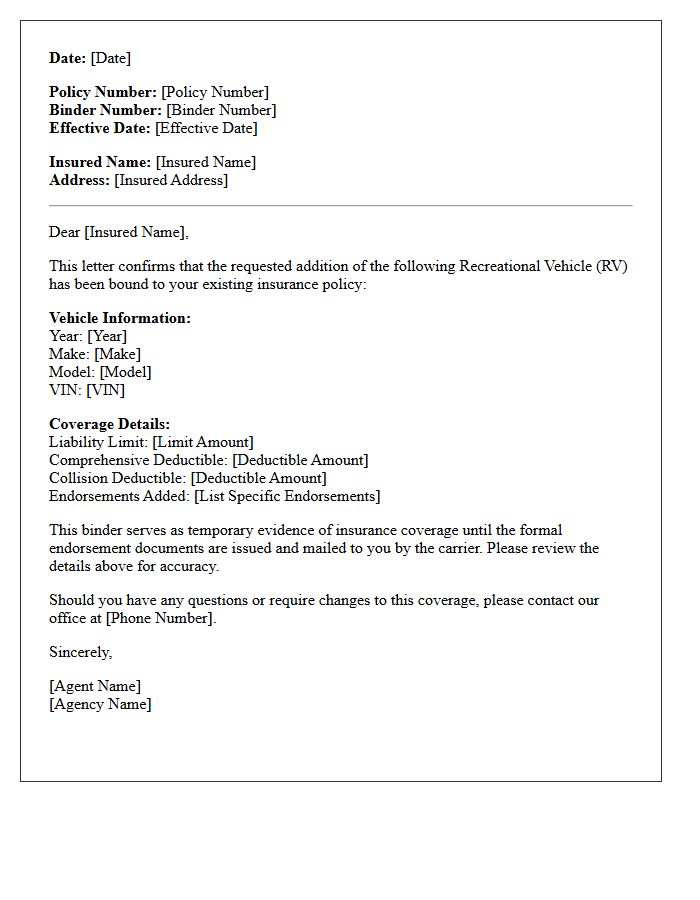 Recreational Vehicle Addition Endorsement Binder Confirmation Letter