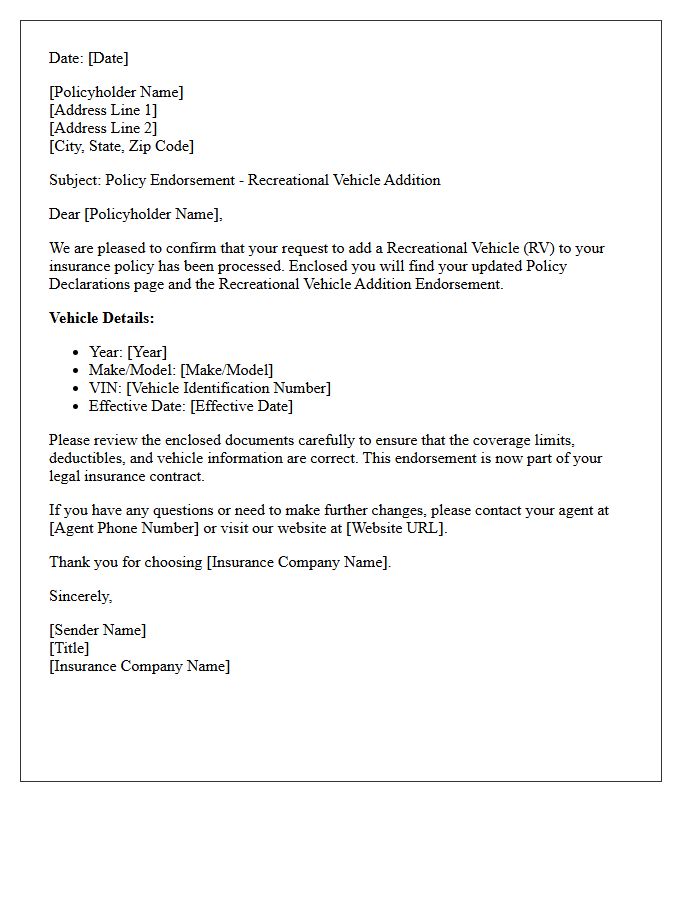 Recreational Vehicle Addition Endorsement Policy Issuance Letter