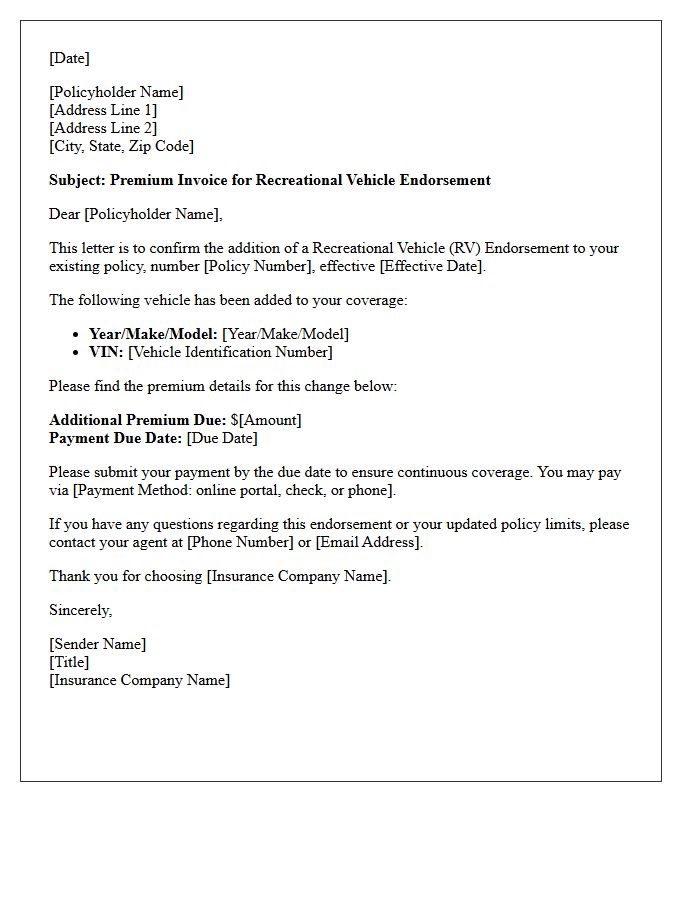 Recreational Vehicle Addition Endorsement Premium Invoice Letter