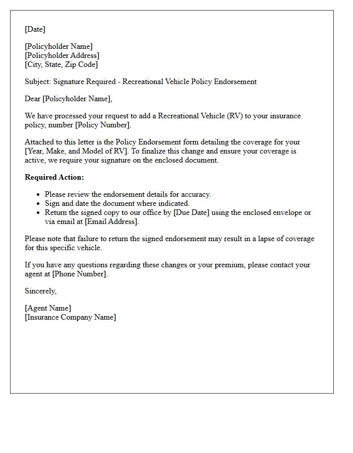 Recreational Vehicle Addition Endorsement Signature Request Letter
