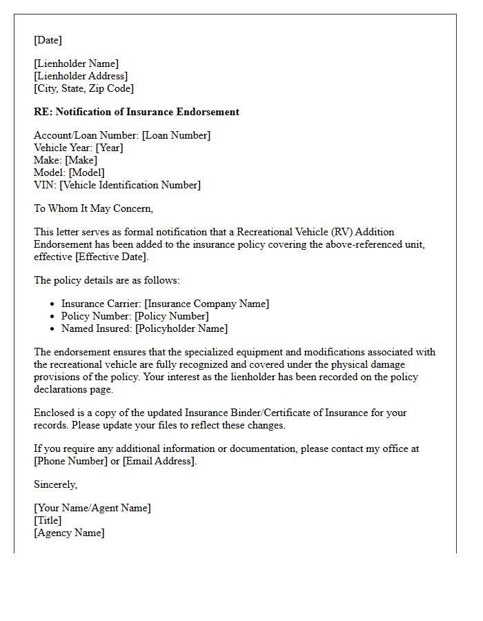 Recreational Vehicle Addition Endorsement Lienholder Notification Letter