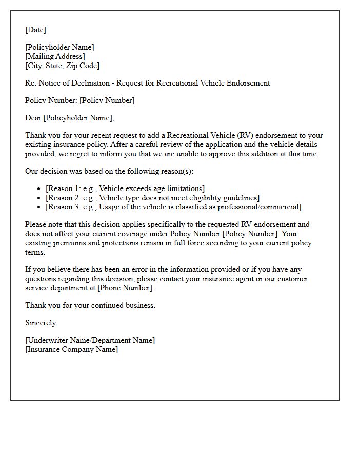 Recreational Vehicle Addition Endorsement Declination Notice Letter