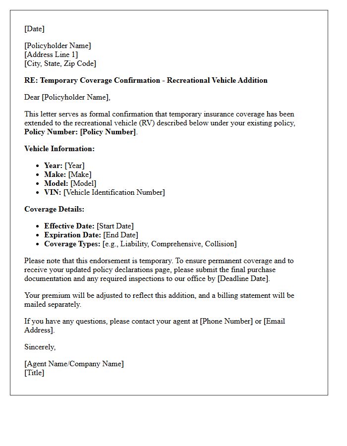 Recreational Vehicle Addition Endorsement Temporary Coverage Letter