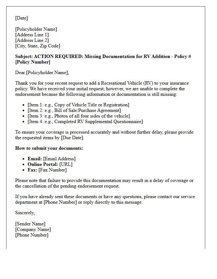 Recreational Vehicle Addition Endorsement Missing Documentation Follow-Up Letter