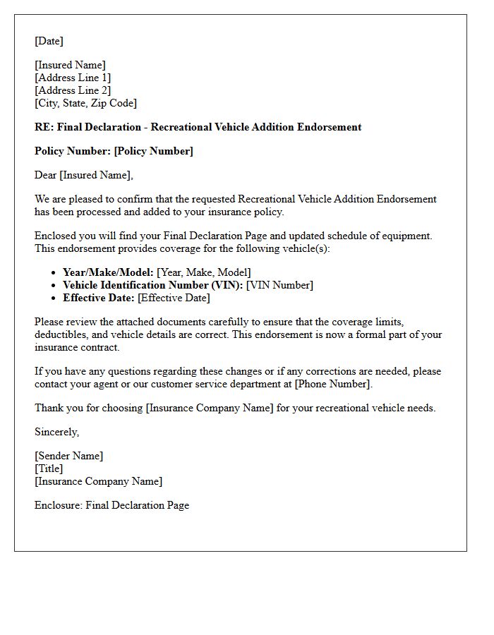 Recreational Vehicle Addition Endorsement Final Declaration Cover Letter