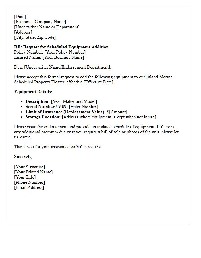 Inland Marine Scheduled Equipment Addition Endorsement Letter
