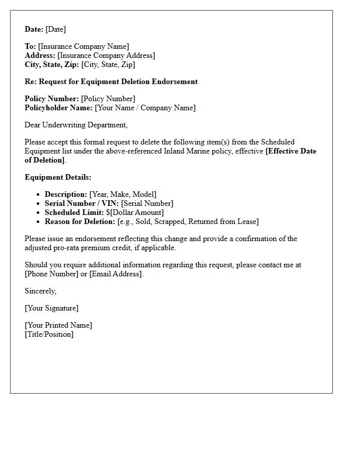 Inland Marine Scheduled Equipment Deletion Endorsement Letter