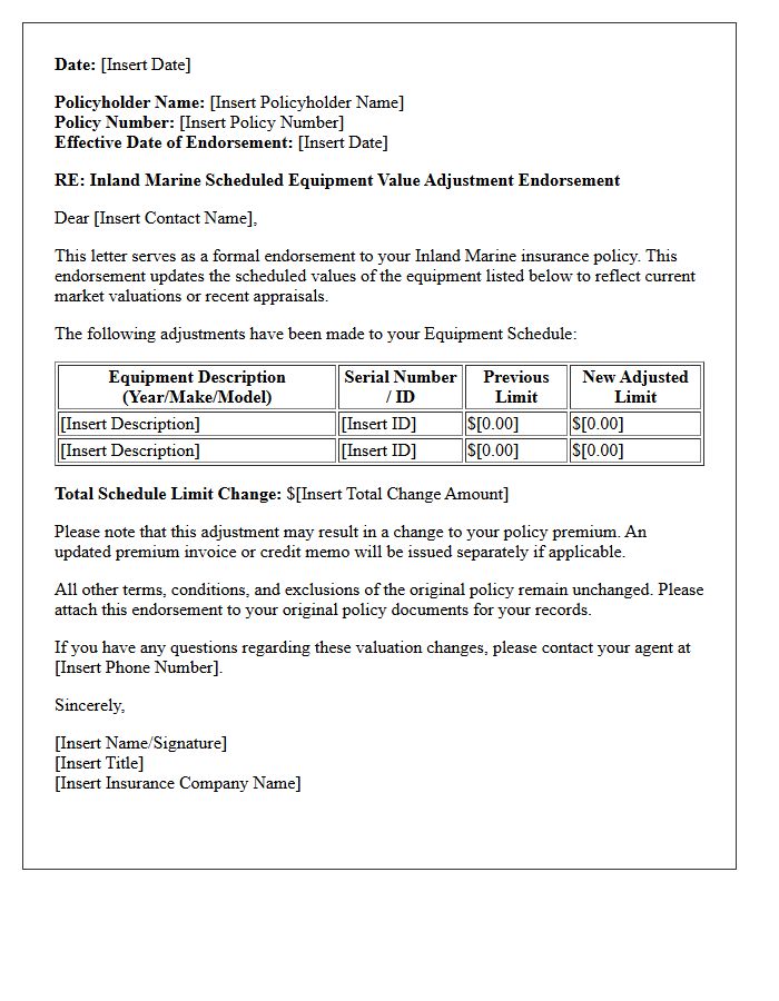 Inland Marine Scheduled Equipment Value Adjustment Endorsement Letter