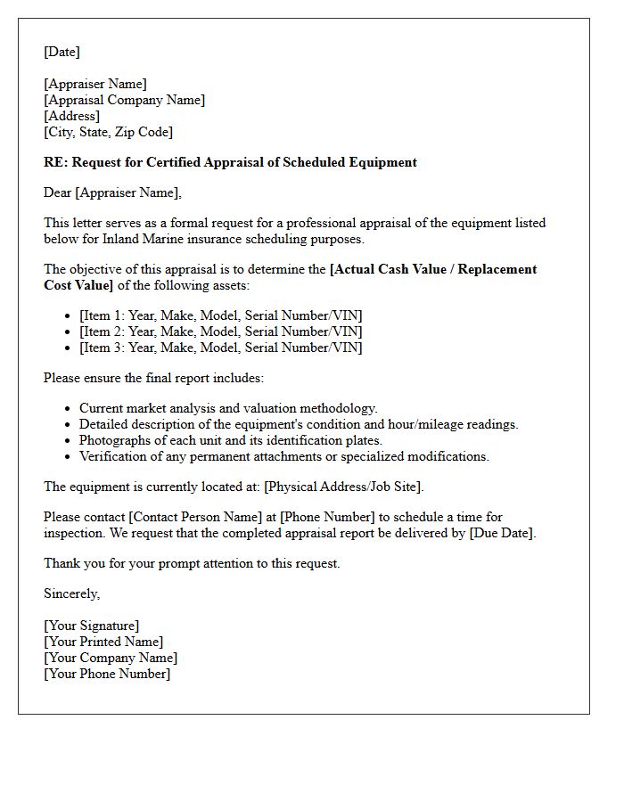 Inland Marine Scheduled Equipment Appraisal Request Letter
