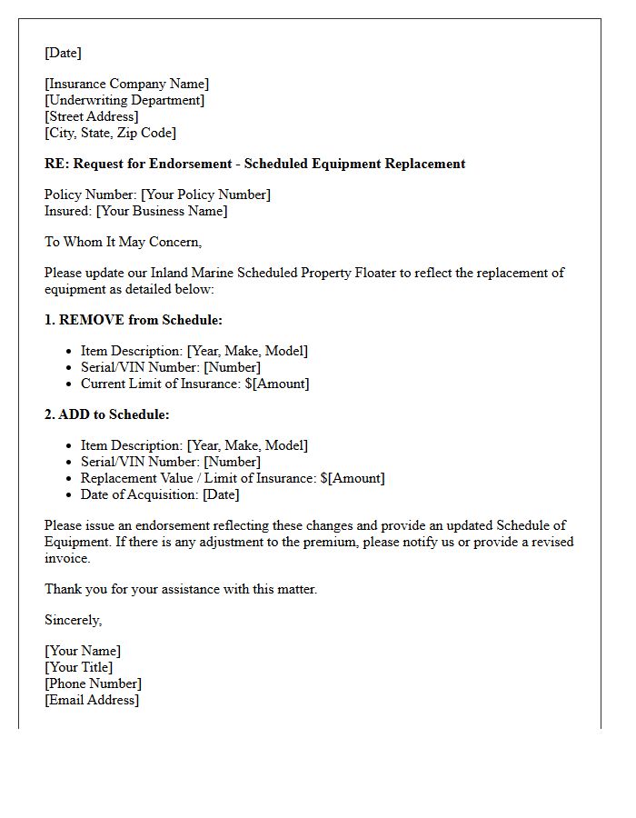 Inland Marine Scheduled Equipment Replacement Endorsement Letter