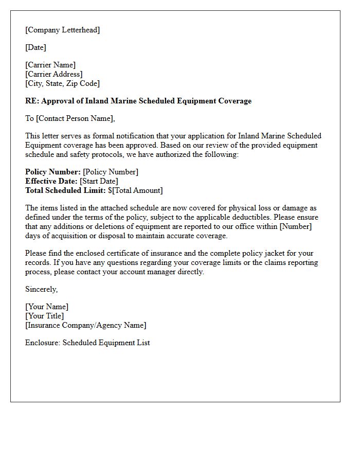 Inland Marine Scheduled Equipment Carrier Approval Letter
