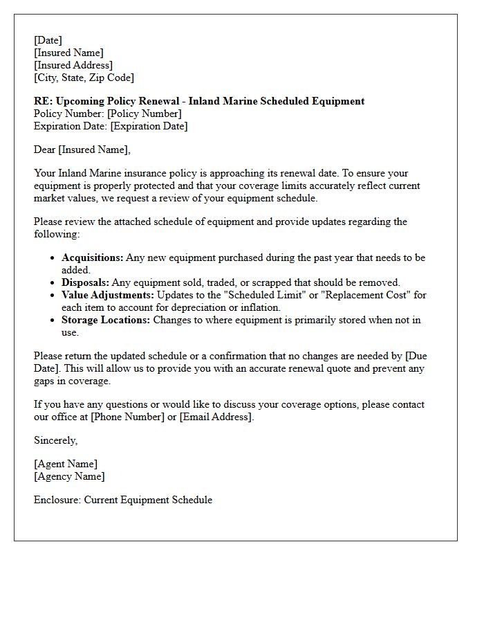 Inland Marine Scheduled Equipment Renewal Review Letter