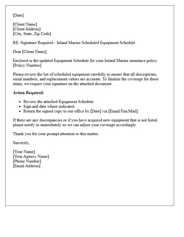 Inland Marine Scheduled Equipment Signature Request Letter