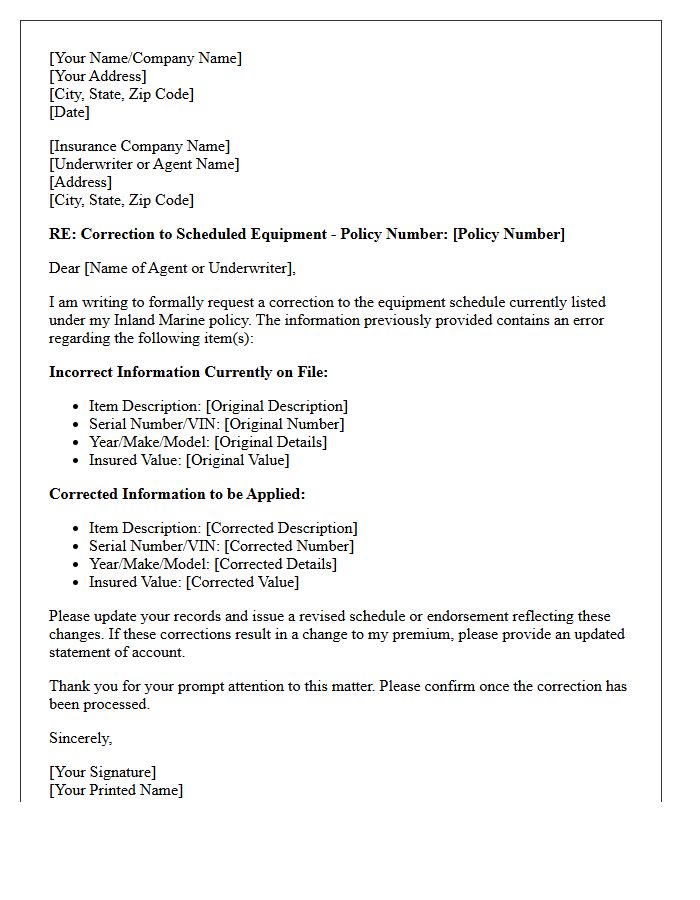 Inland Marine Scheduled Equipment Information Correction Letter