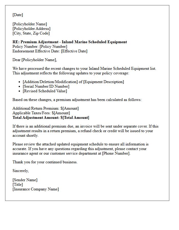 Inland Marine Scheduled Equipment Premium Adjustment Letter