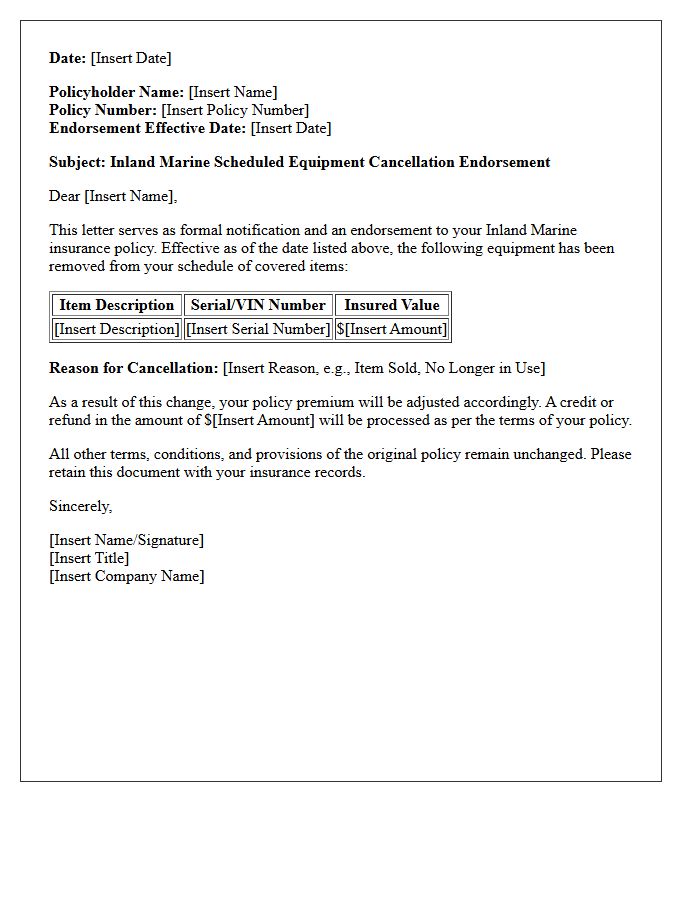 Inland Marine Scheduled Equipment Cancellation Endorsement Letter