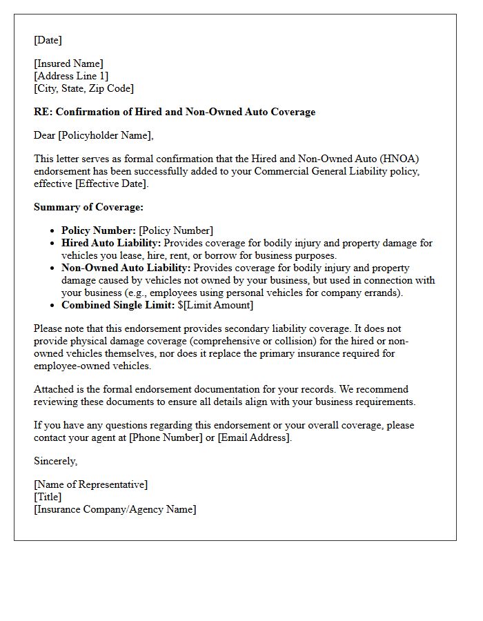 Standard Hired and Non-Owned Auto Endorsement Confirmation Letter
