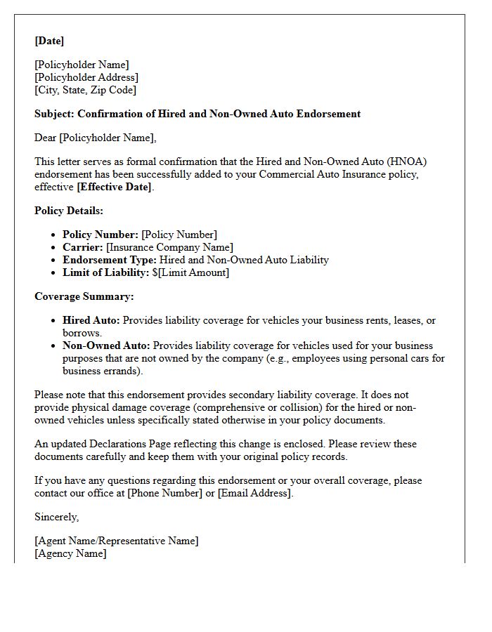 Commercial Auto Policy Hired and Non-Owned Auto Endorsement Confirmation Letter