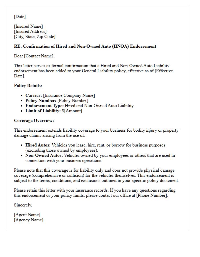 General Liability Hired and Non-Owned Auto Endorsement Confirmation Letter