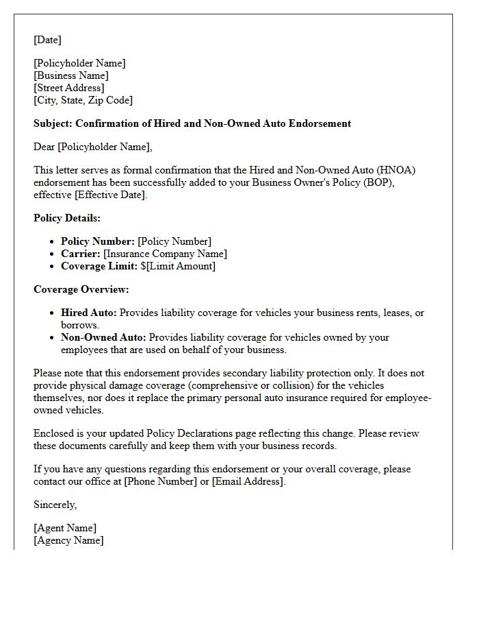 Business Owner Policy Hired and Non-Owned Auto Endorsement Confirmation Letter