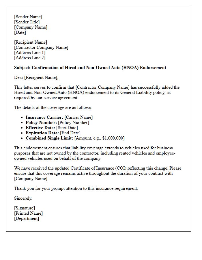 Contractor Liability Hired and Non-Owned Auto Endorsement Confirmation Letter