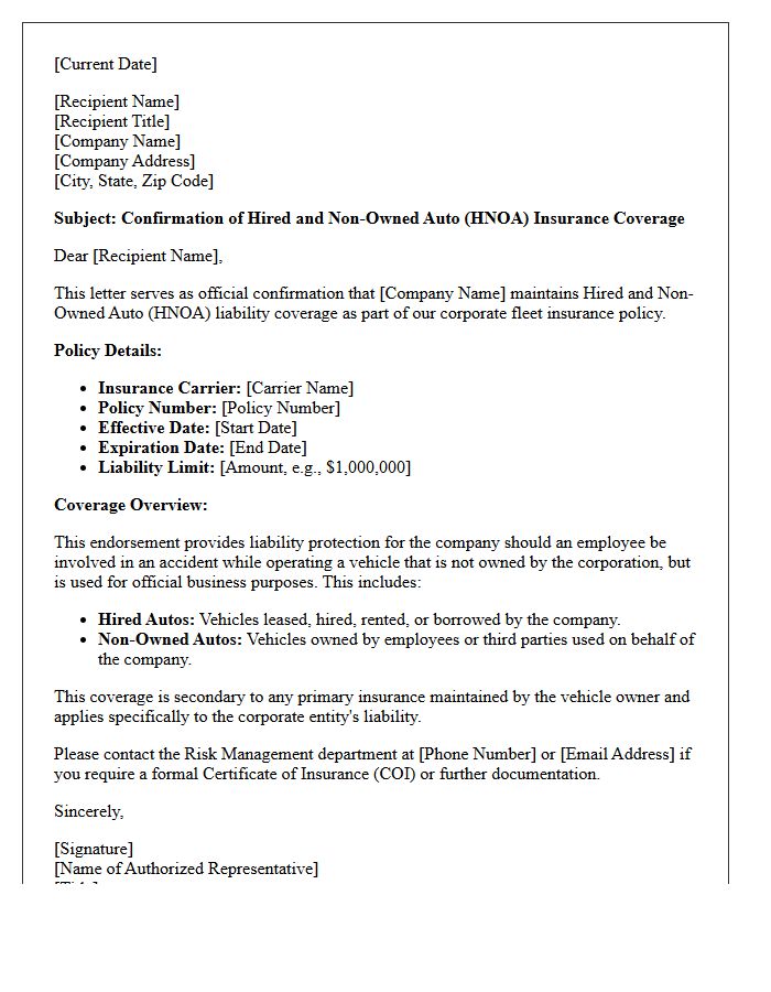 Corporate Fleet Hired and Non-Owned Auto Endorsement Confirmation Letter