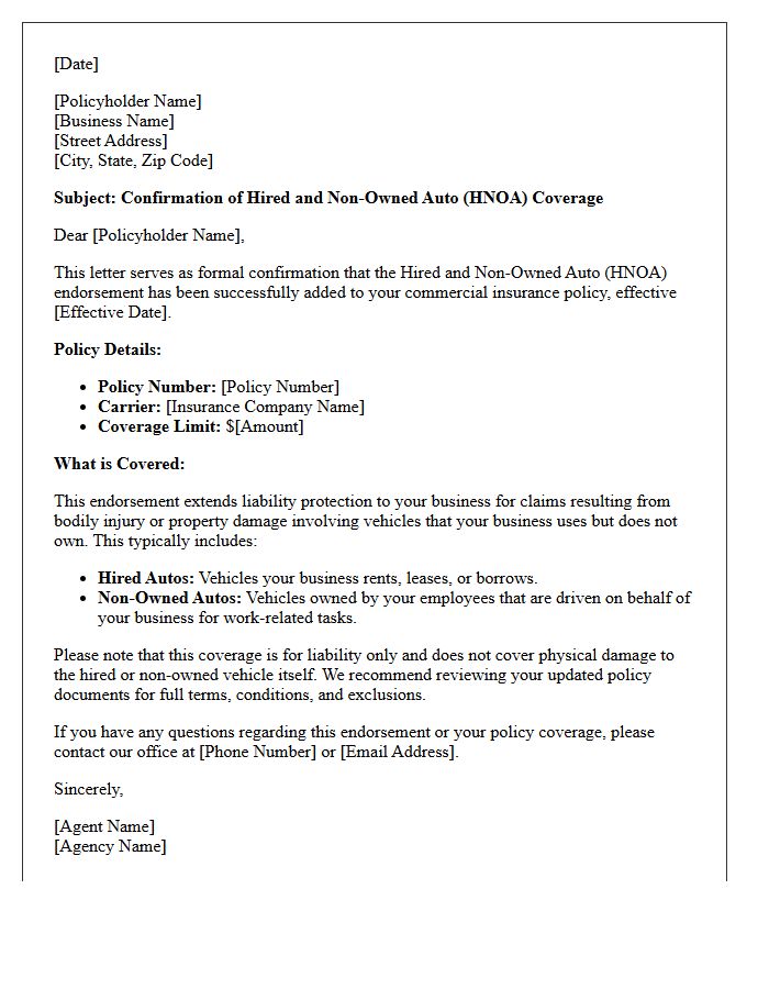 Small Business Hired and Non-Owned Auto Endorsement Confirmation Letter