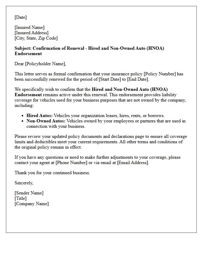 Policy Renewal Hired and Non-Owned Auto Endorsement Confirmation Letter