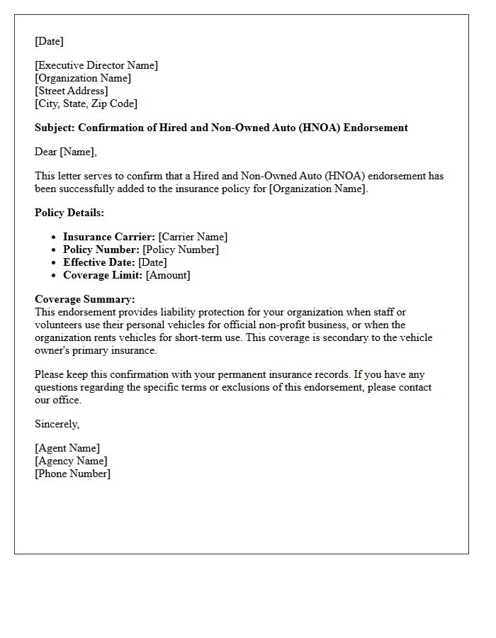 Non-Profit Organization Hired and Non-Owned Auto Endorsement Confirmation Letter