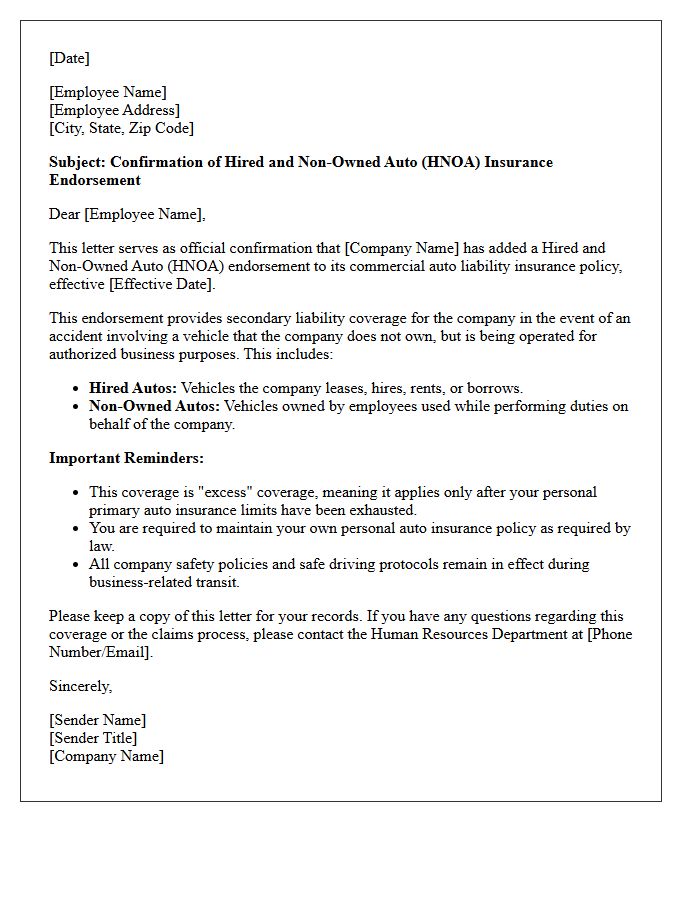 Employee Transit Hired and Non-Owned Auto Endorsement Confirmation Letter
