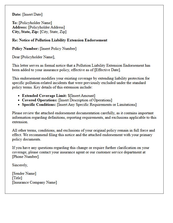 Pollution Liability Extension Endorsement Notice Letter