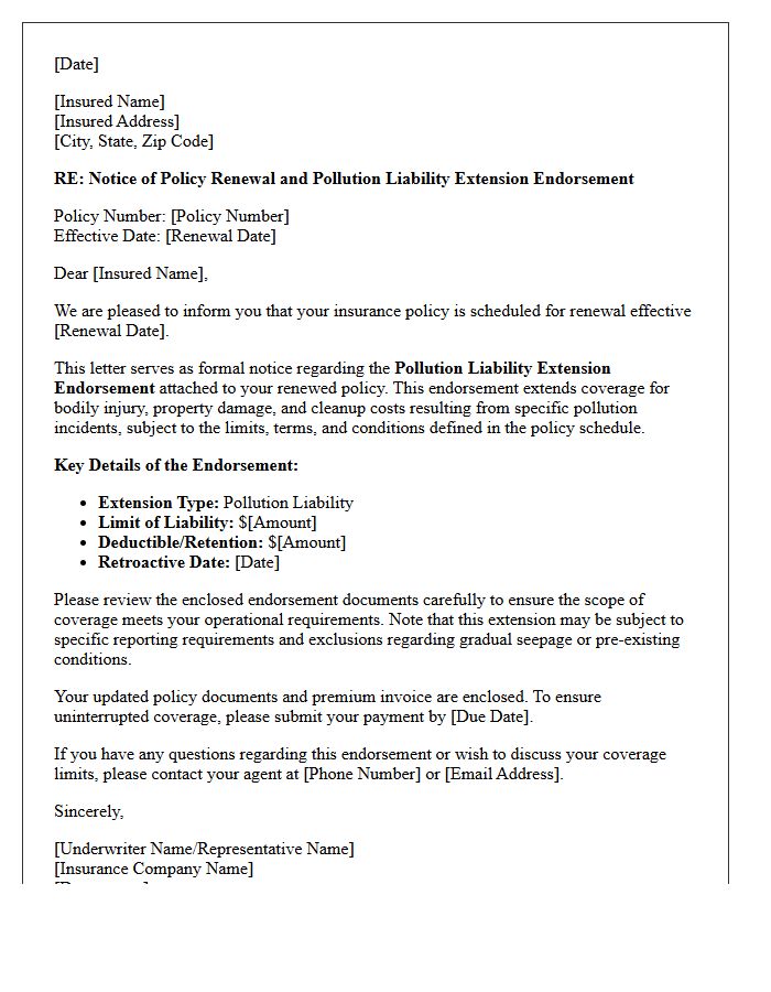 Policy Renewal Pollution Liability Extension Endorsement Notice Letter