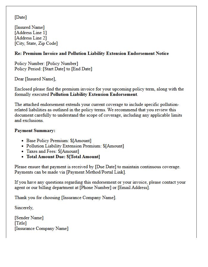 Premium Invoice and Pollution Liability Extension Endorsement Notice Letter