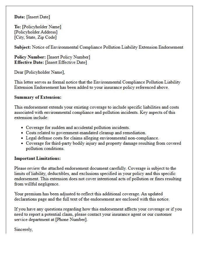 Environmental Compliance Pollution Liability Extension Endorsement Notice Letter