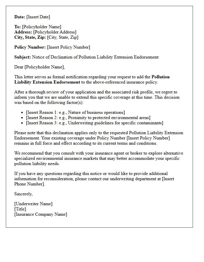Coverage Declination Pollution Liability Extension Endorsement Notice Letter