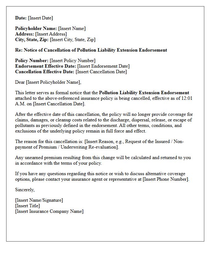 Endorsement Cancellation Pollution Liability Extension Endorsement Notice Letter