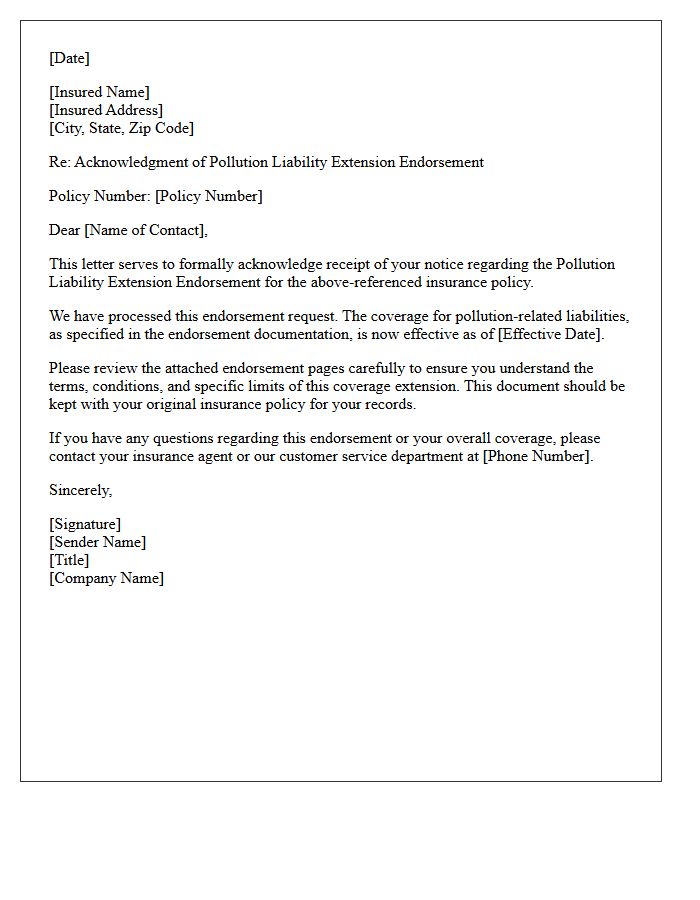 Acknowledgment of Pollution Liability Extension Endorsement Notice Letter