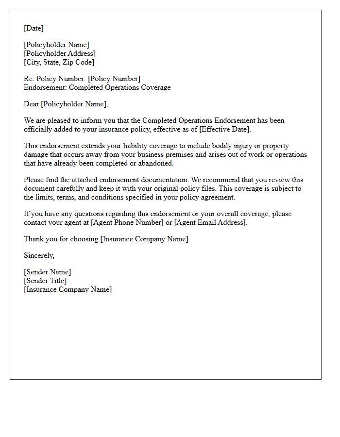 Standard Completed Operations Endorsement Issuance Letter