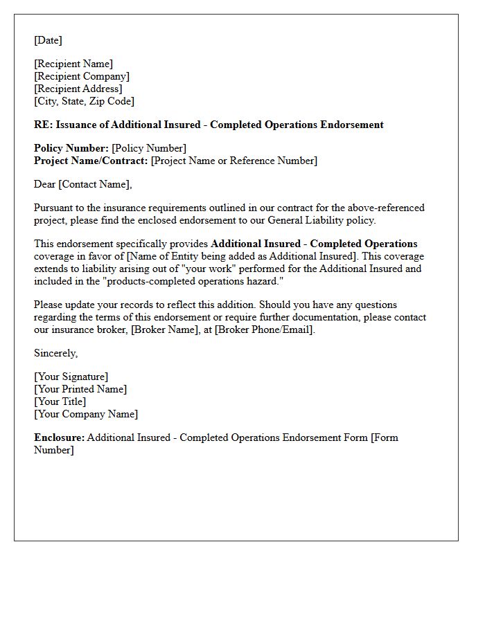 Additional Insured Completed Operations Endorsement Issuance Letter