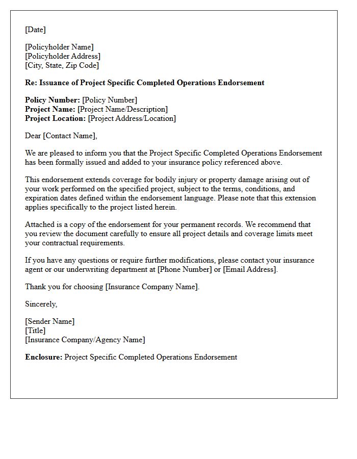 Project Specific Completed Operations Endorsement Issuance Letter