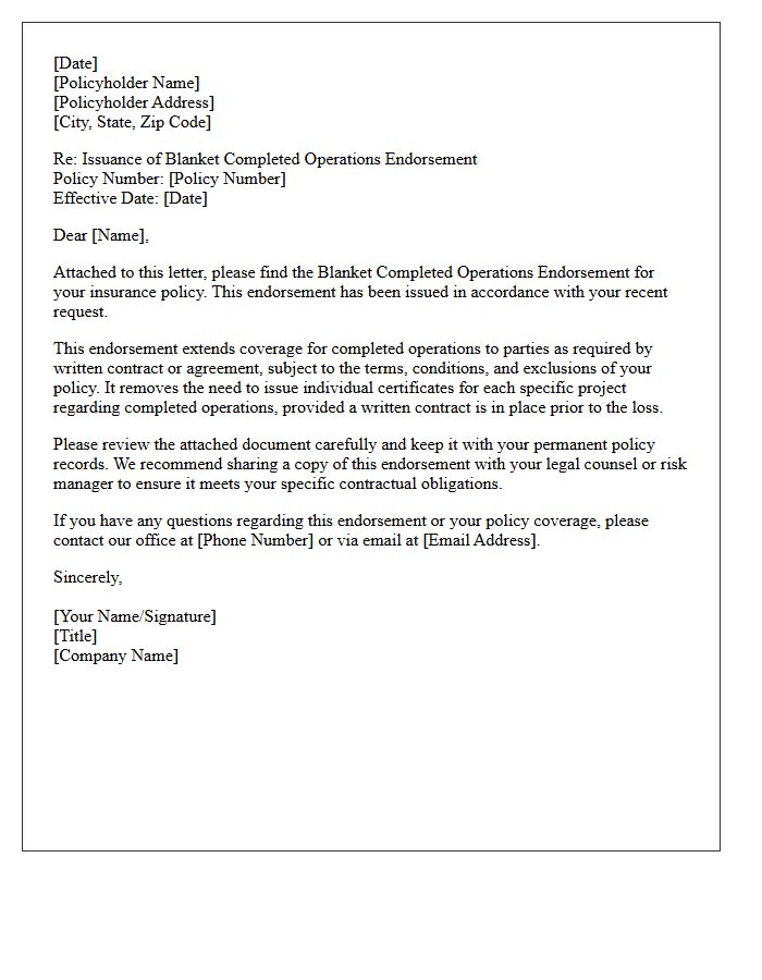 Blanket Completed Operations Endorsement Issuance Letter