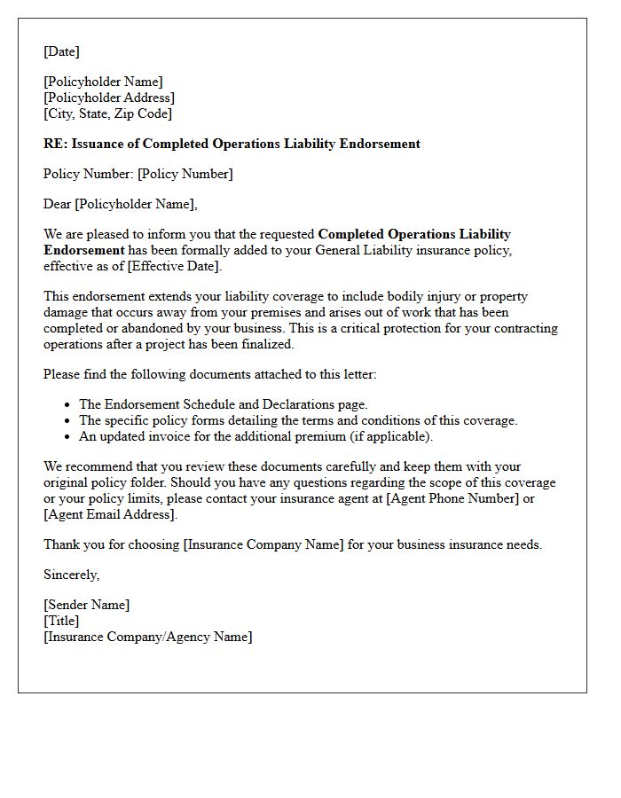 Contractor Liability Completed Operations Endorsement Issuance Letter