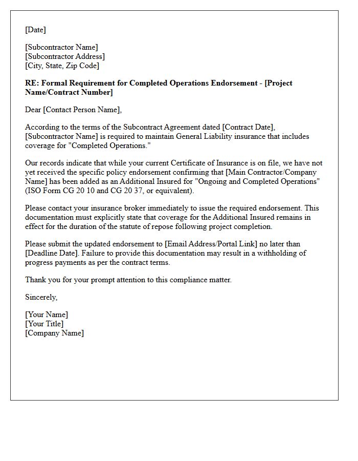 Subcontractor Requirement Completed Operations Endorsement Issuance Letter