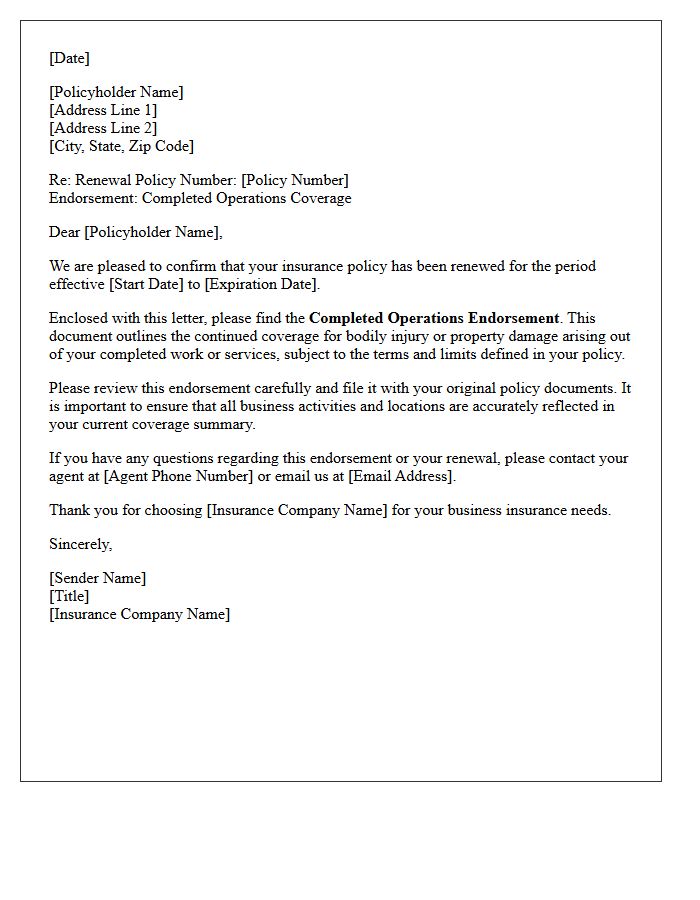 Renewal Policy Completed Operations Endorsement Issuance Letter