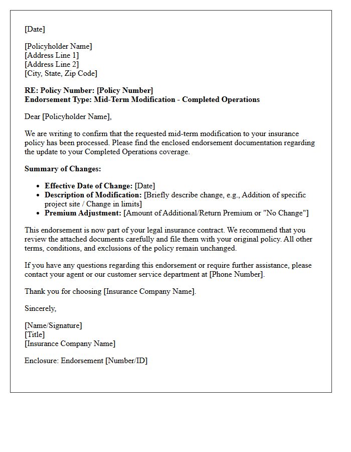 Mid-Term Modification Completed Operations Endorsement Issuance Letter