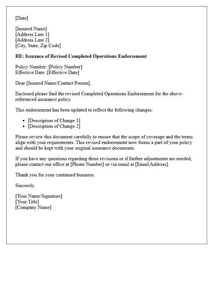 Revised Coverage Completed Operations Endorsement Issuance Letter