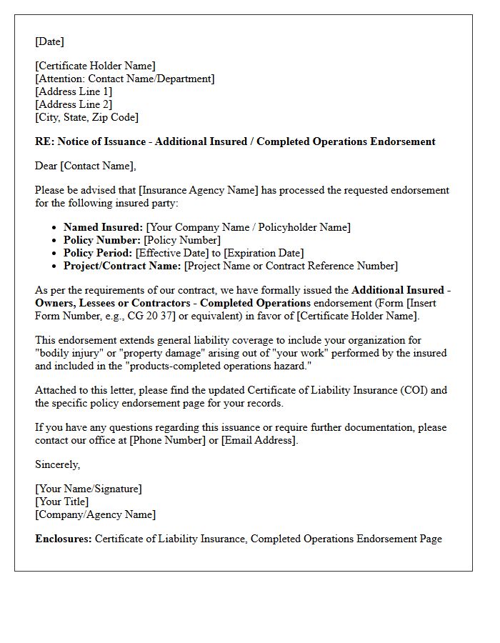 Certificate Holder Notice Completed Operations Endorsement Issuance Letter